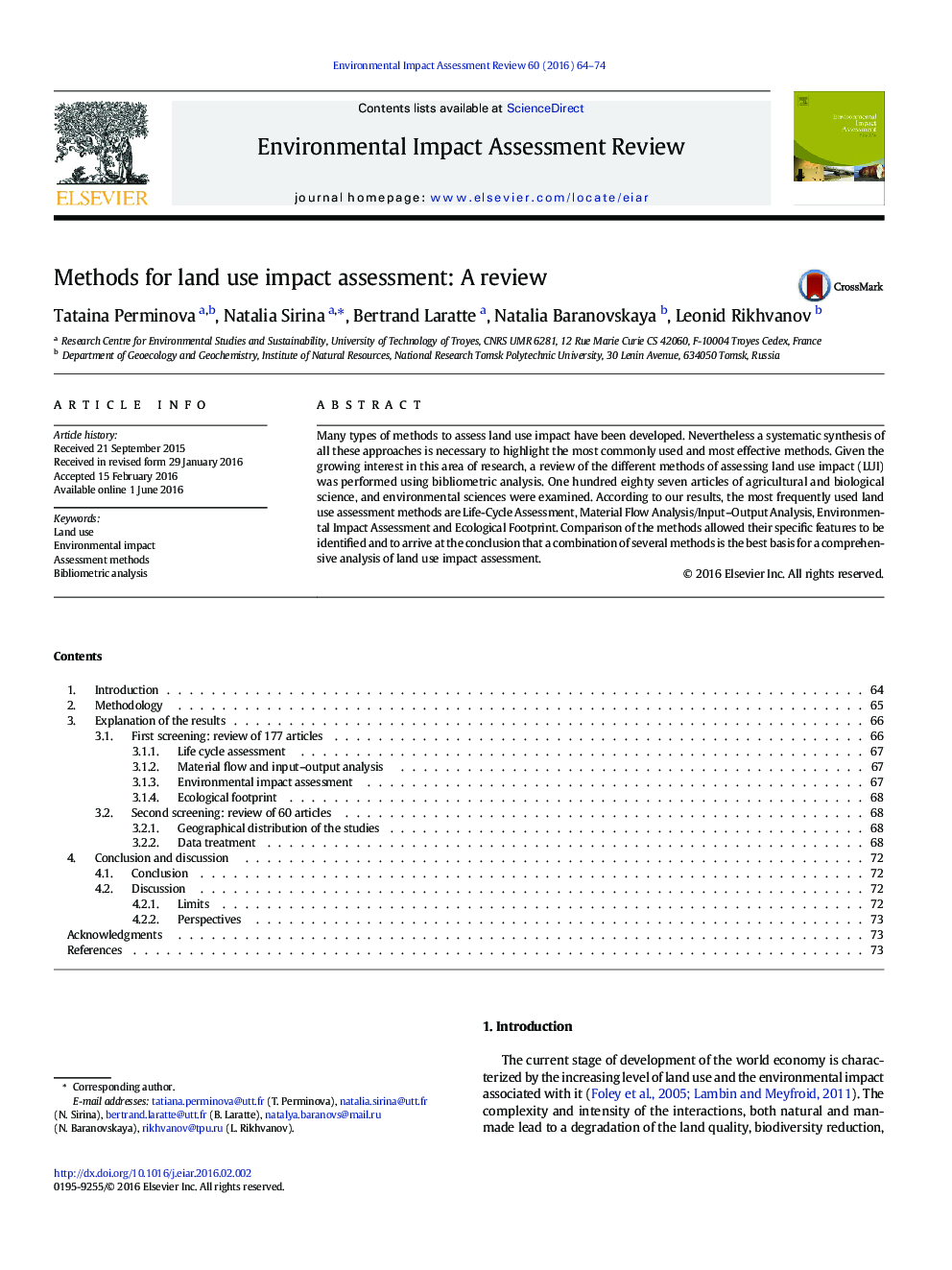 Methods for land use impact assessment: A review