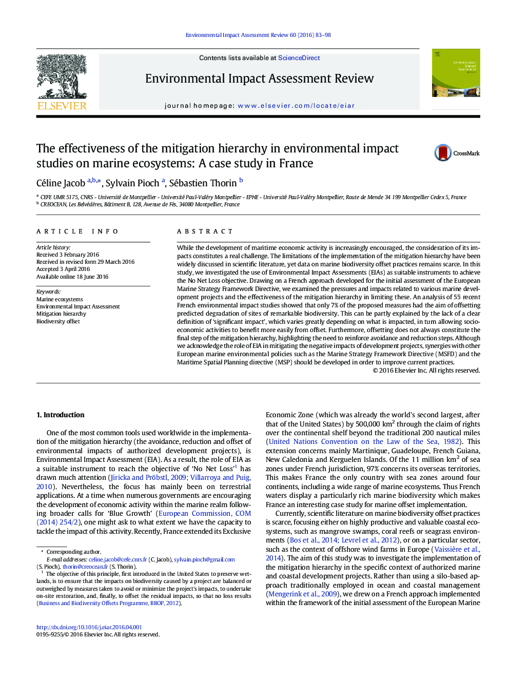 The effectiveness of the mitigation hierarchy in environmental impact studies on marine ecosystems: A case study in France