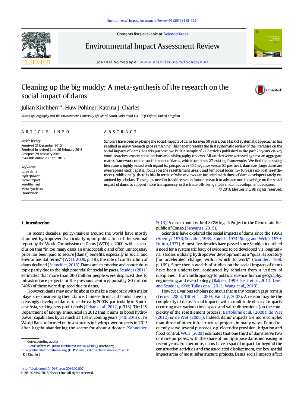 Cleaning up the big muddy: A meta-synthesis of the research on the social impact of dams