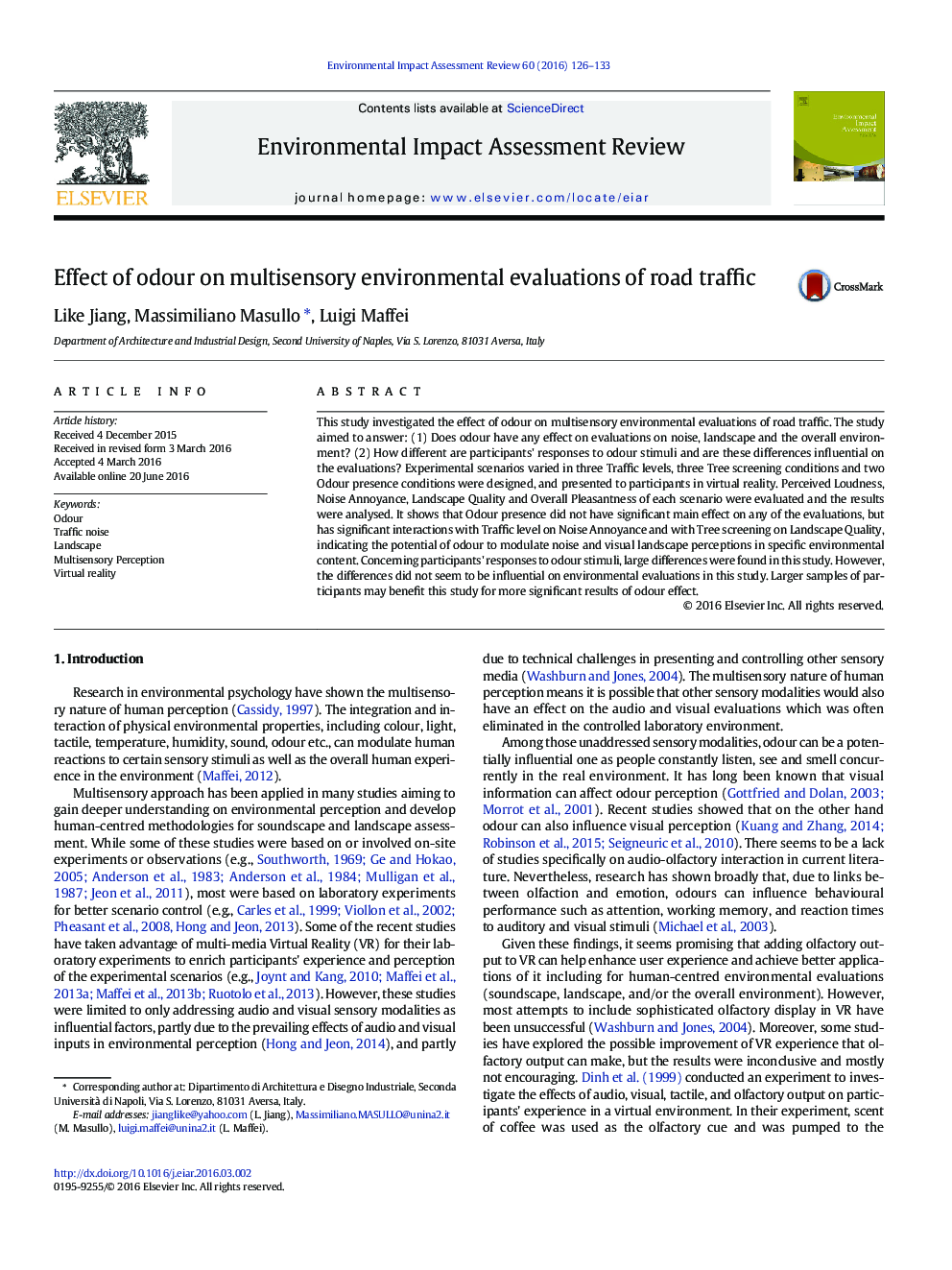 Effect of odour on multisensory environmental evaluations of road traffic