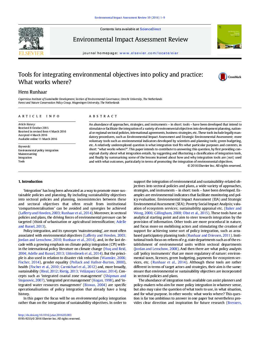 Tools for integrating environmental objectives into policy and practice: What works where?