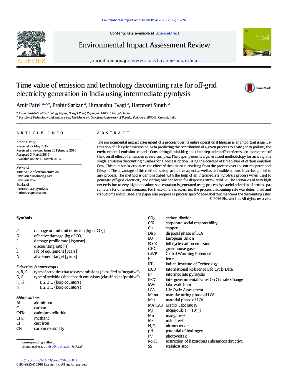 Time value of emission and technology discounting rate for off-grid electricity generation in India using intermediate pyrolysis