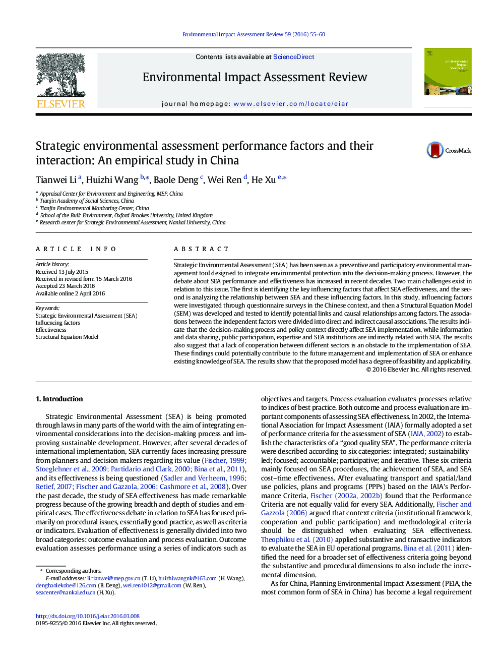 Strategic environmental assessment performance factors and their interaction: An empirical study in China