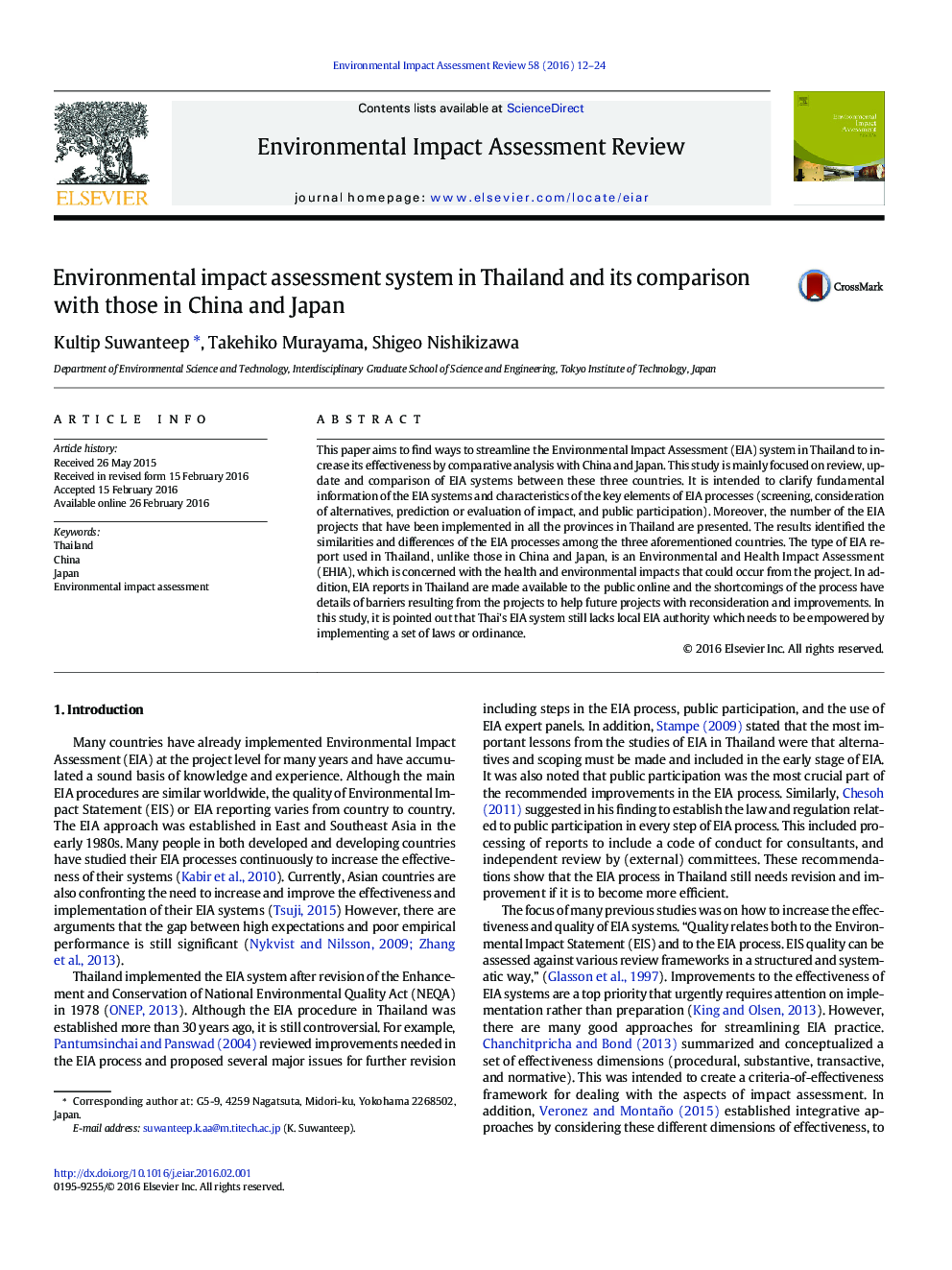 Environmental impact assessment system in Thailand and its comparison with those in China and Japan