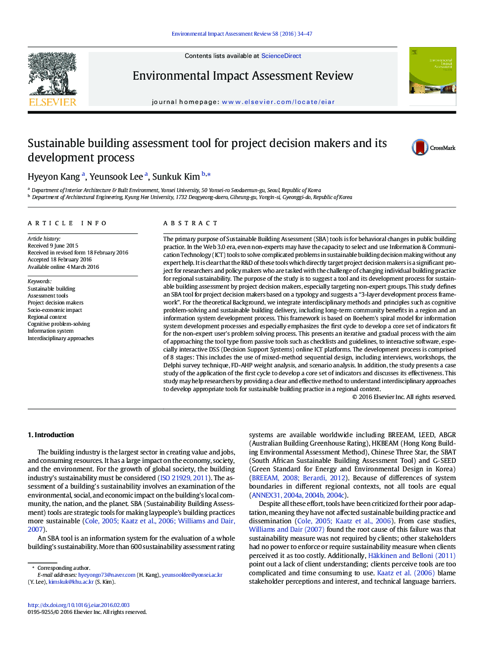 Sustainable building assessment tool for project decision makers and its development process