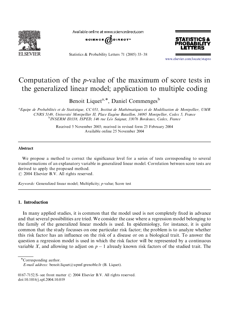 Computation of the p-value of the maximum of score tests in the generalized linear model; application to multiple coding