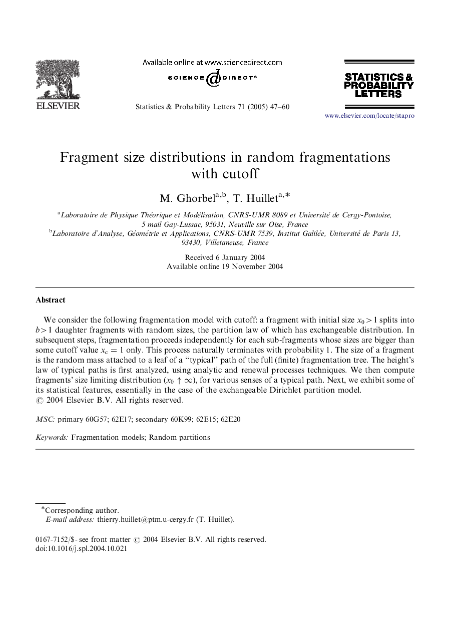 Fragment size distributions in random fragmentations with cutoff