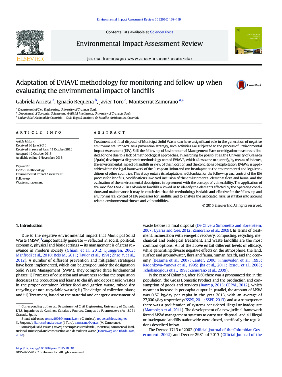 Adaptation of EVIAVE methodology for monitoring and follow-up when evaluating the environmental impact of landfills