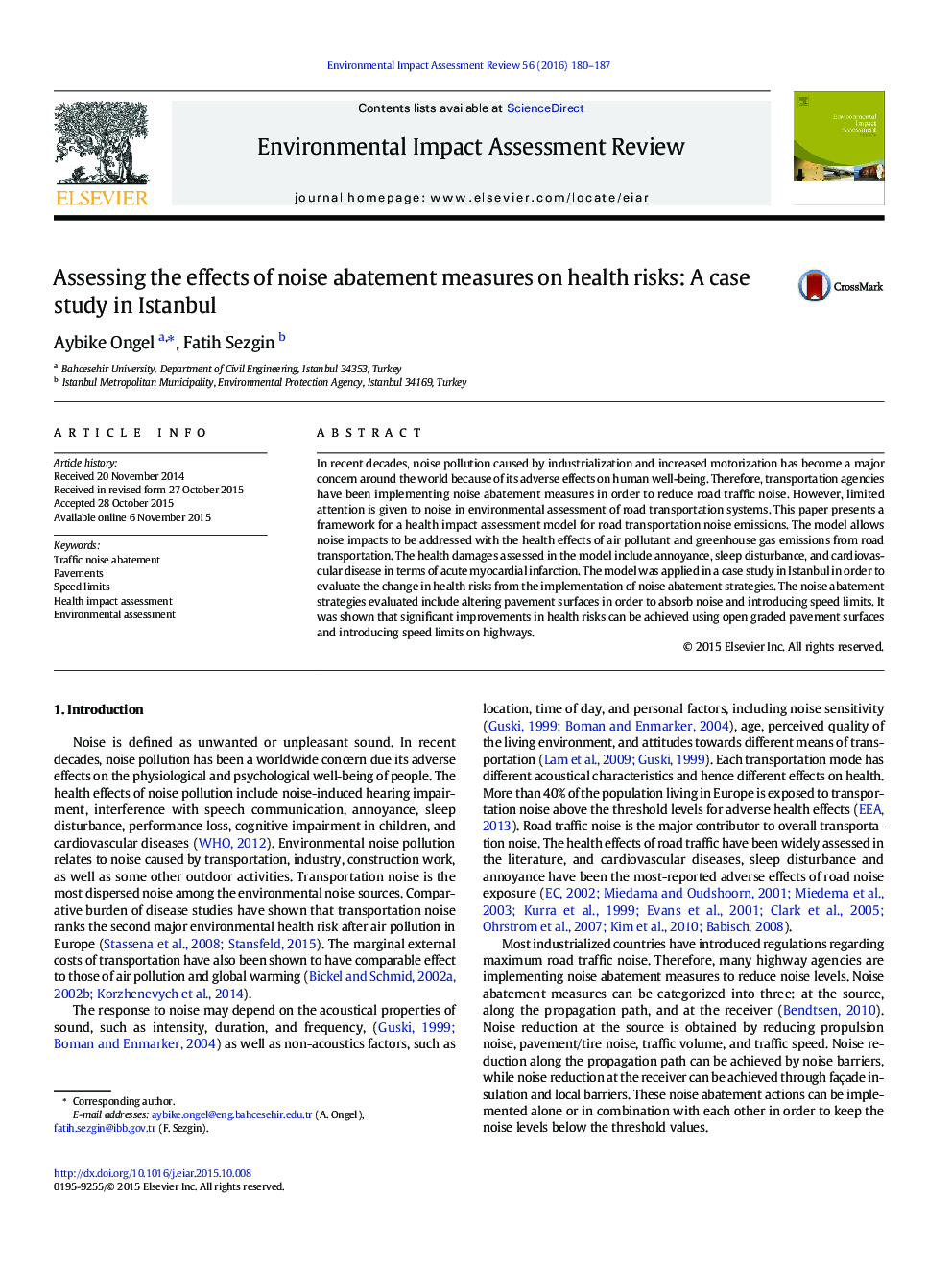 Assessing the effects of noise abatement measures on health risks: A case study in Istanbul