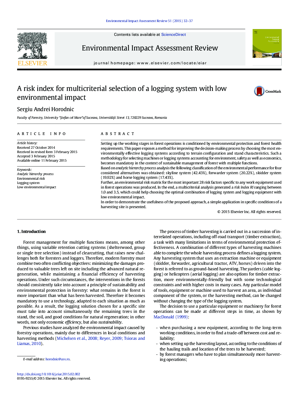 A risk index for multicriterial selection of a logging system with low environmental impact