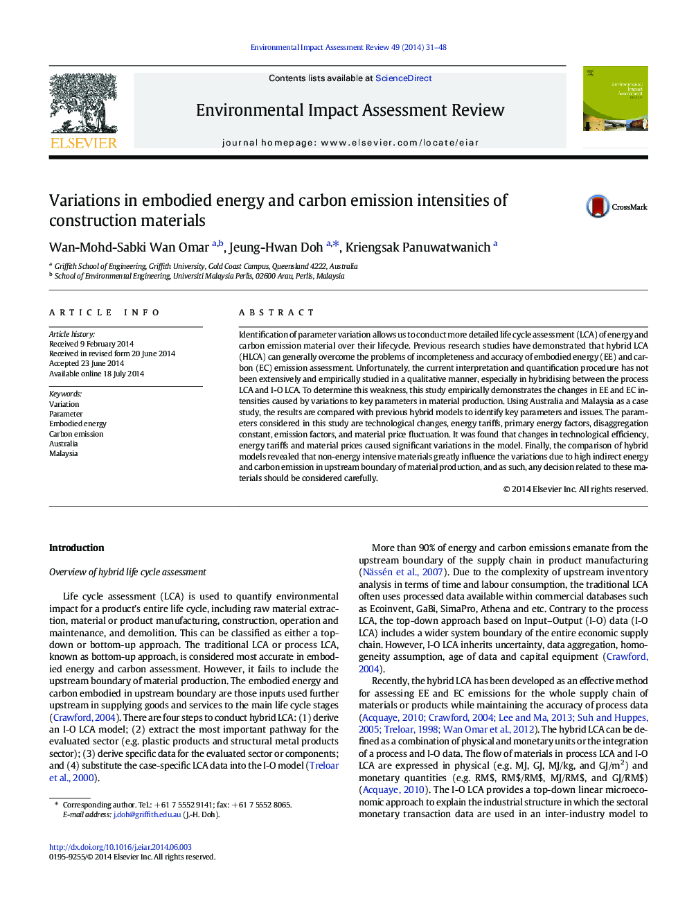 Variations in embodied energy and carbon emission intensities of construction materials