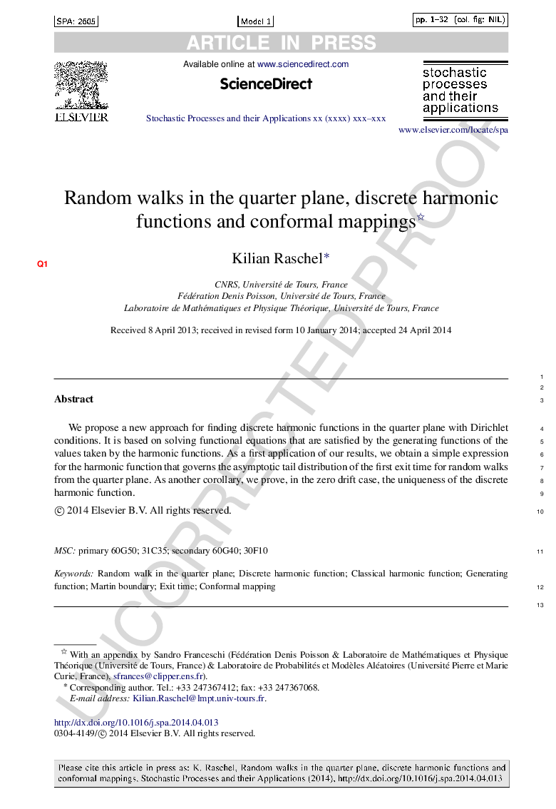 Random walks in the quarter plane, discrete harmonic functions and conformal mappings