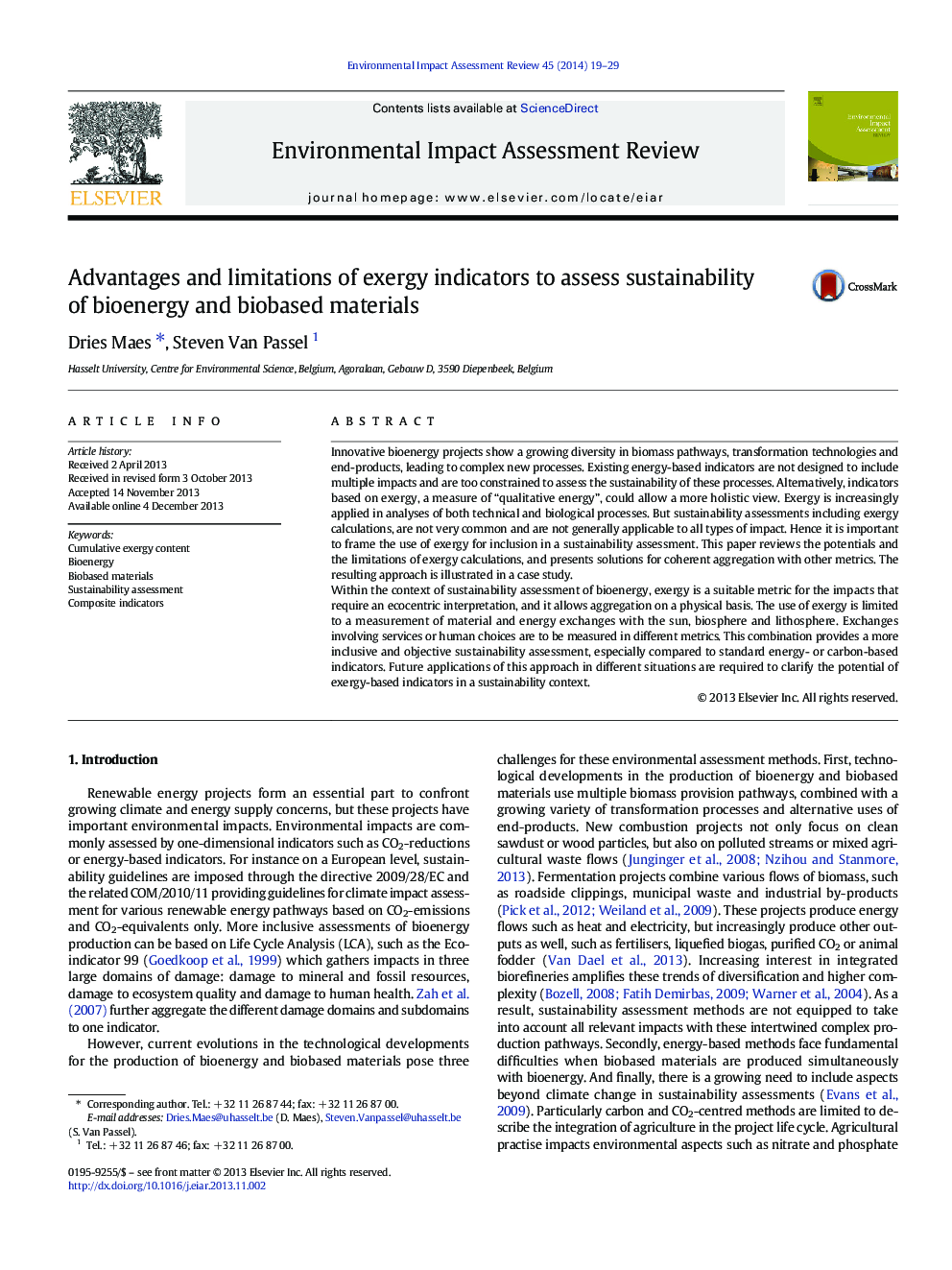 Advantages and limitations of exergy indicators to assess sustainability of bioenergy and biobased materials