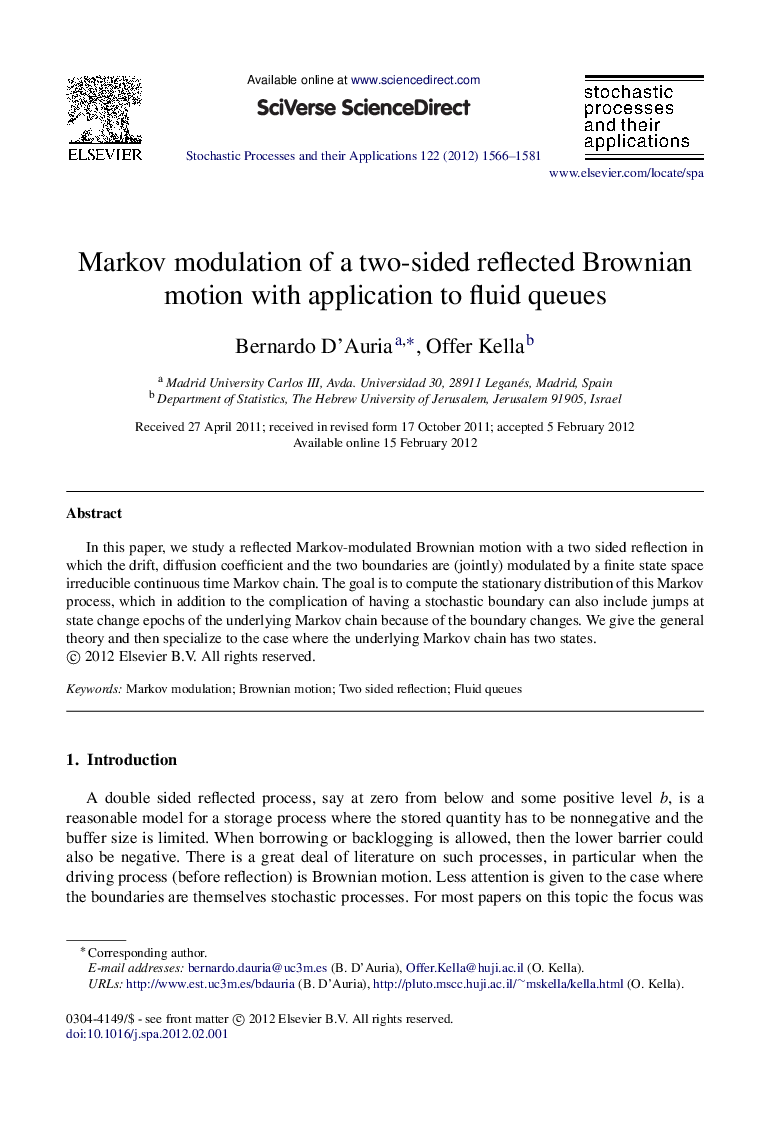 Markov modulation of a two-sided reflected Brownian motion with application to fluid queues