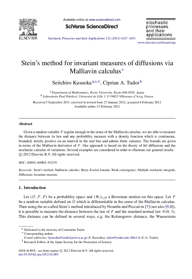 Stein's method for invariant measures of diffusions via Malliavin calculus