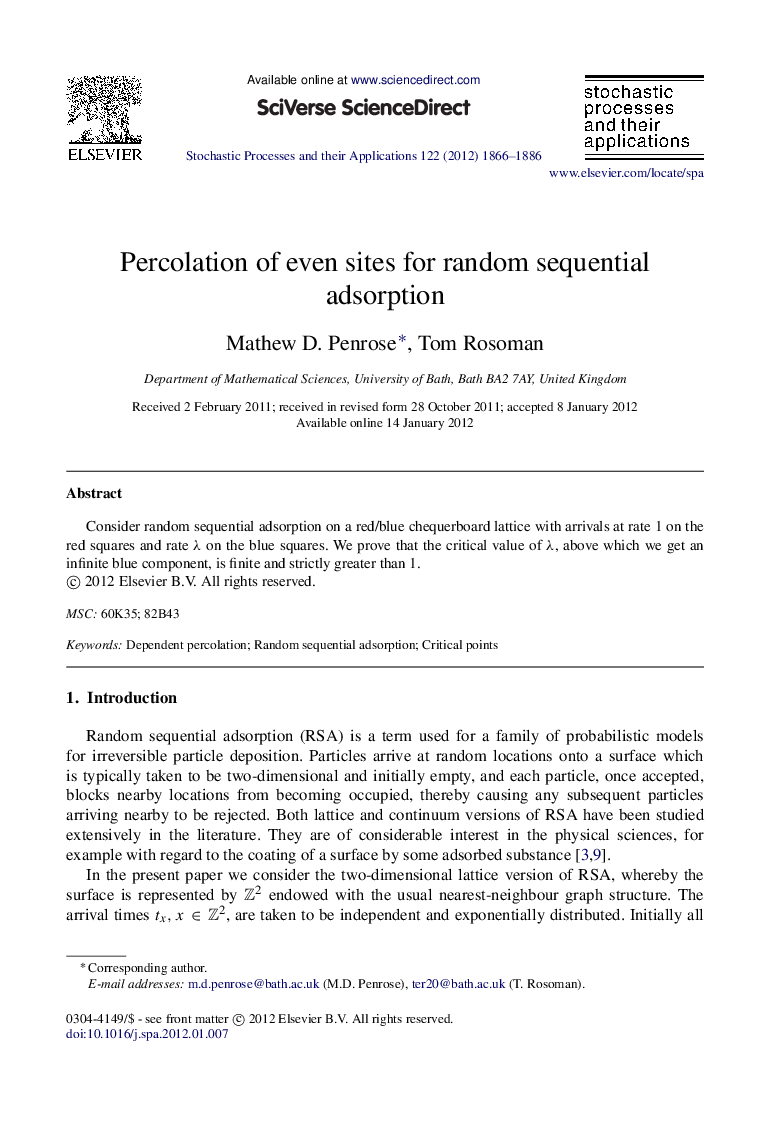 Percolation of even sites for random sequential adsorption