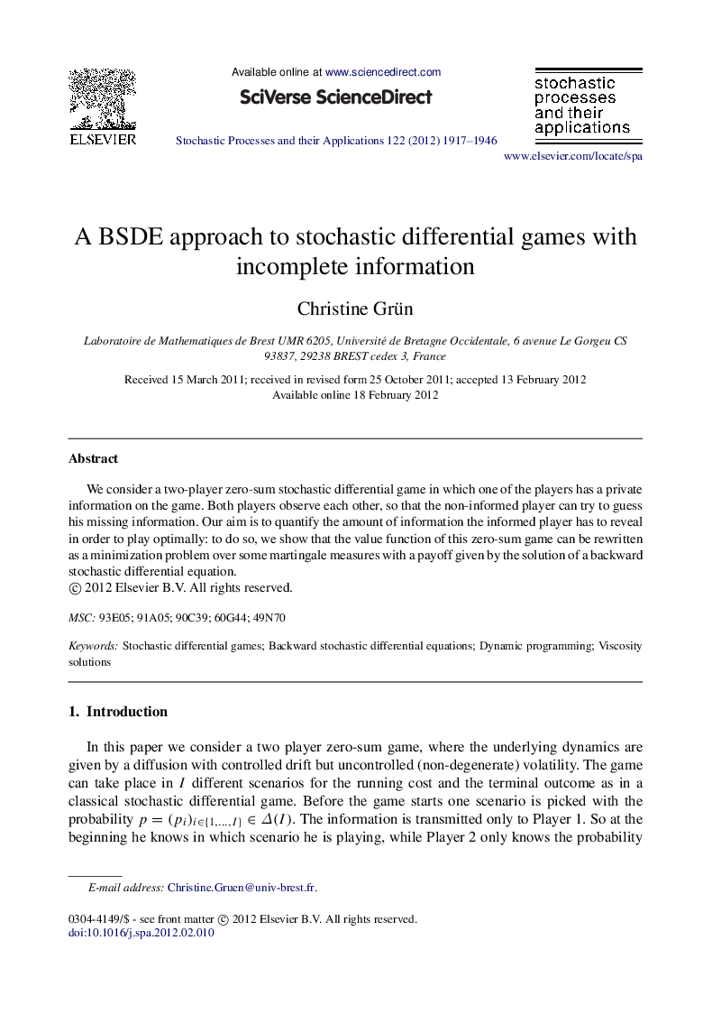 A BSDE approach to stochastic differential games with incomplete information