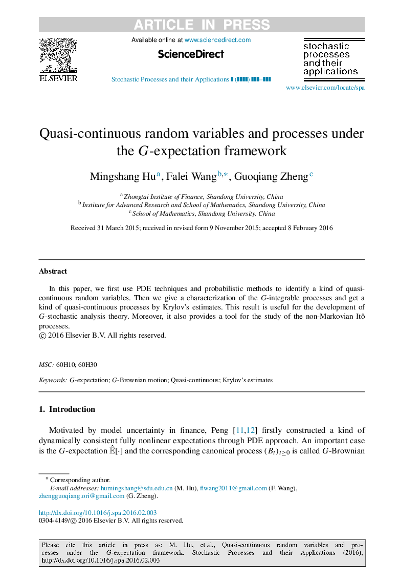 Quasi-continuous random variables and processes under the G-expectation framework