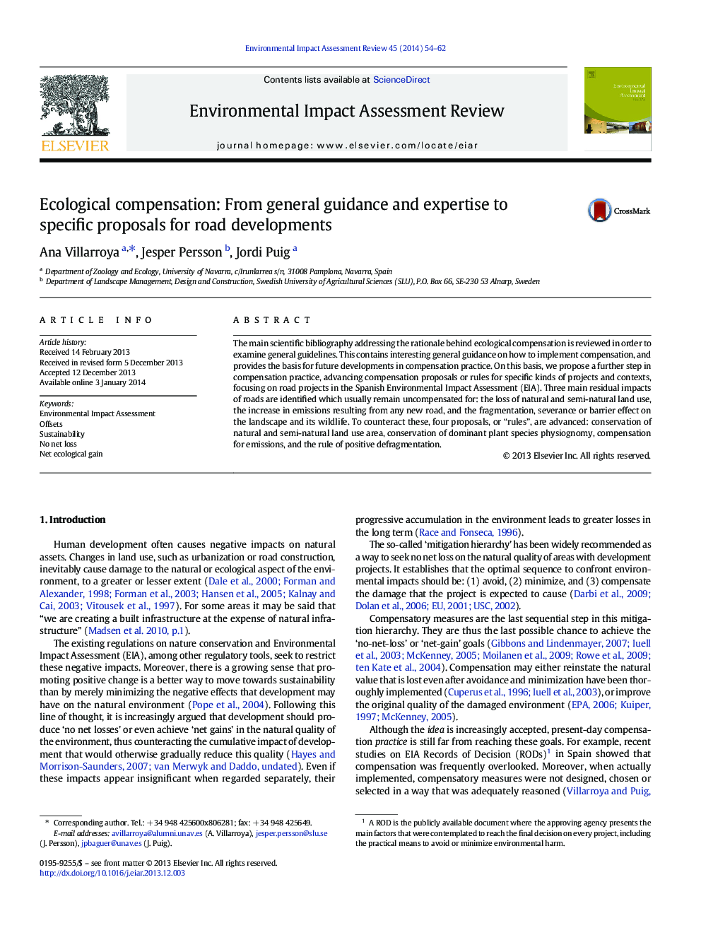 Ecological compensation: From general guidance and expertise to specific proposals for road developments