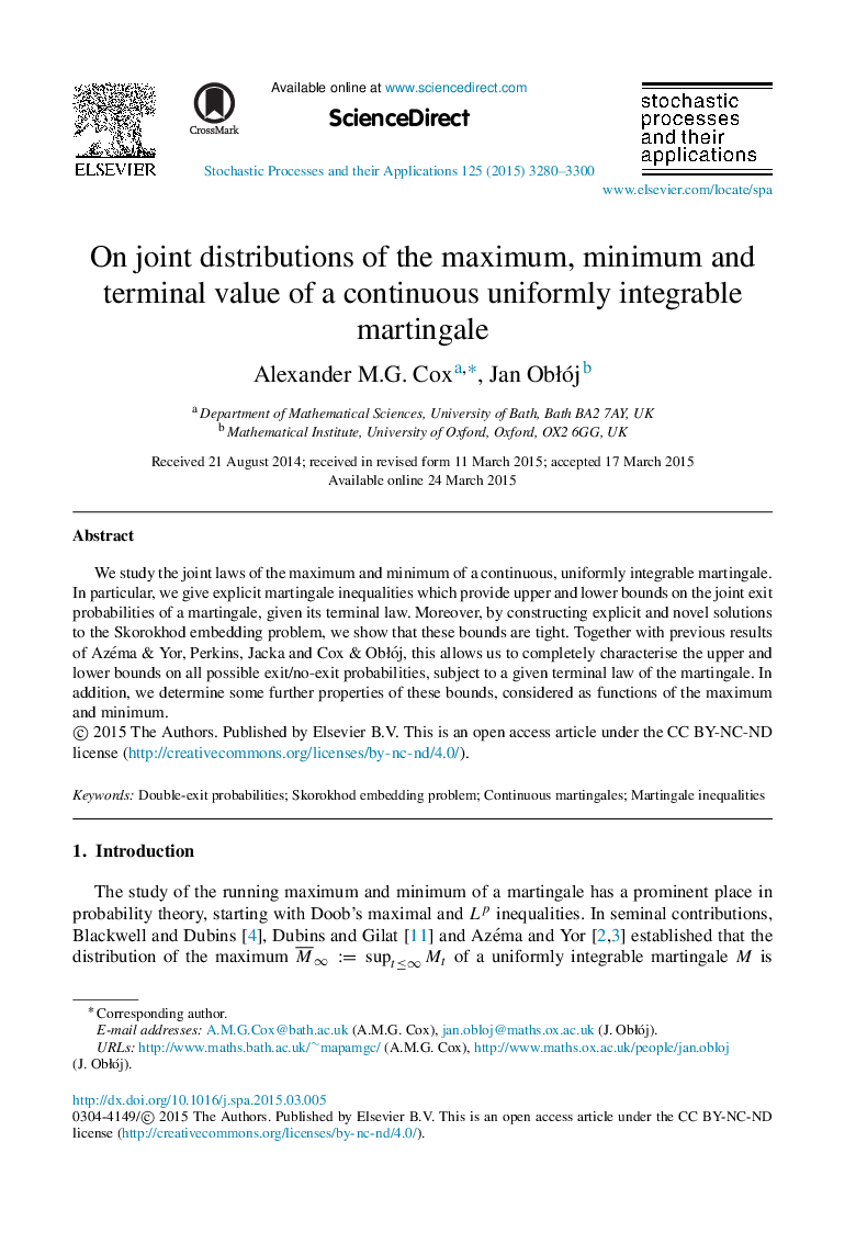 On joint distributions of the maximum, minimum and terminal value of a continuous uniformly integrable martingale