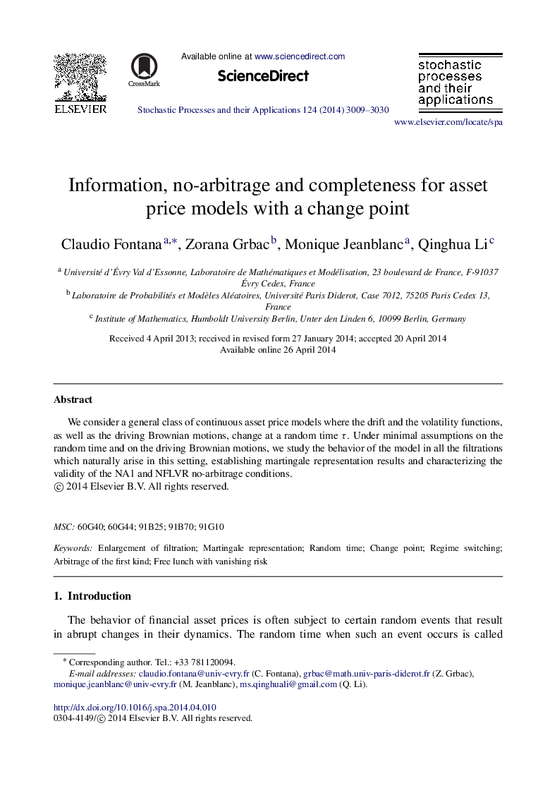 Information, no-arbitrage and completeness for asset price models with a change point