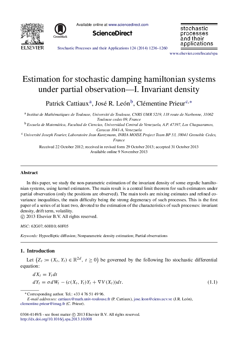 Estimation for stochastic damping hamiltonian systems under partial observation-I. Invariant density