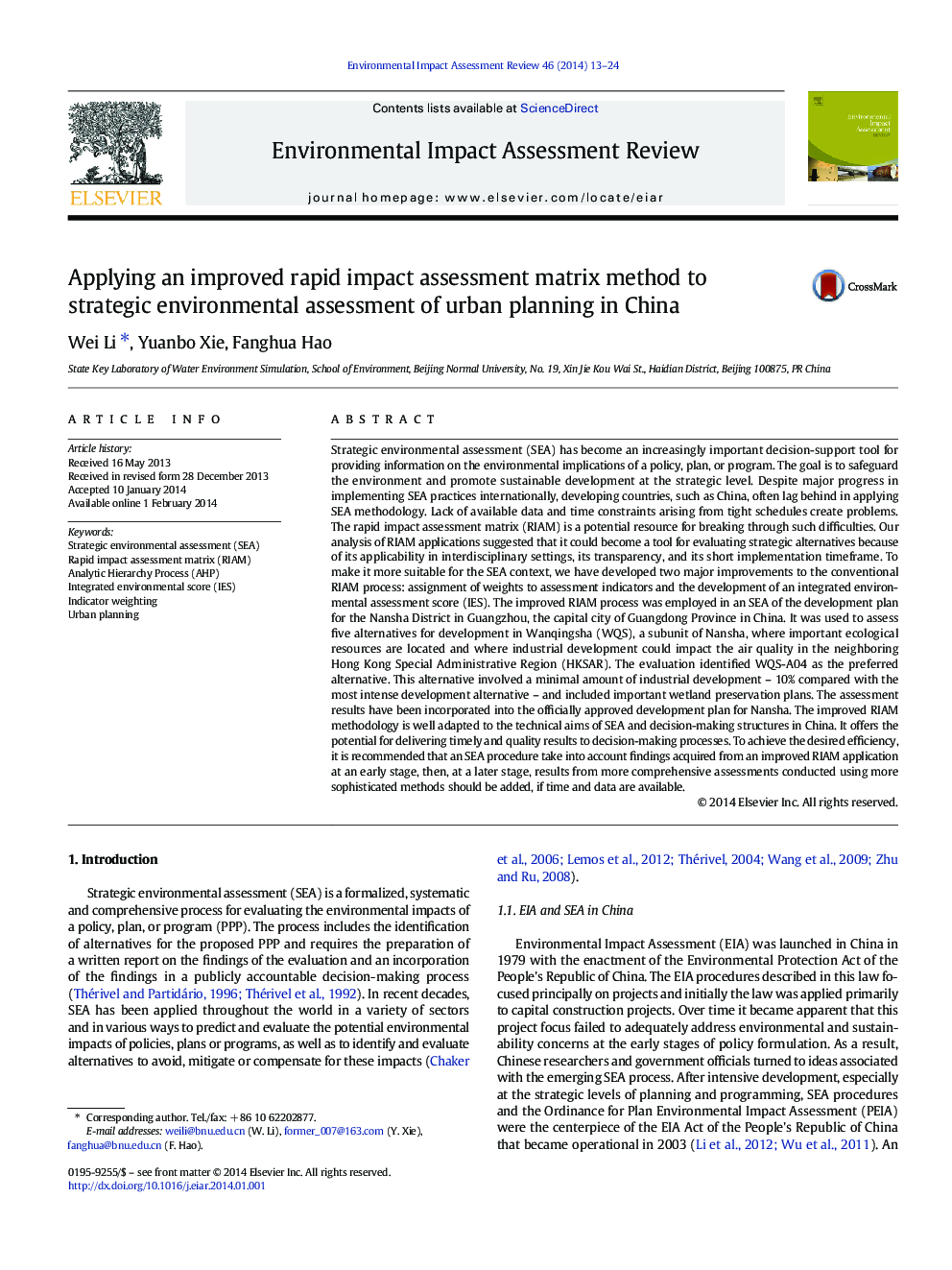 Applying an improved rapid impact assessment matrix method to strategic environmental assessment of urban planning in China