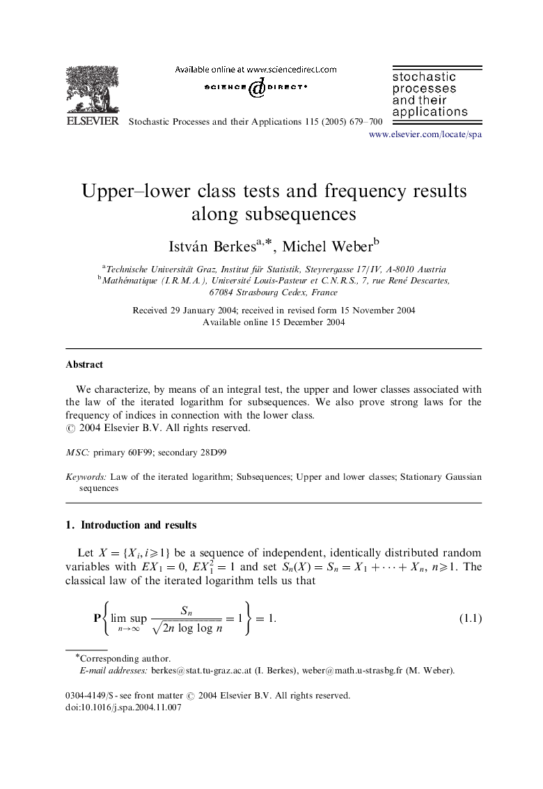 Upper-lower class tests and frequency results along subsequences