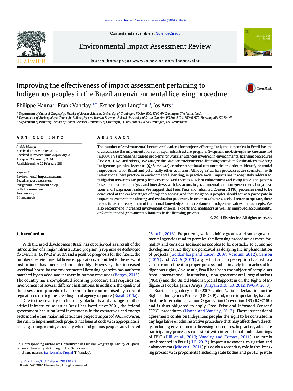 Improving the effectiveness of impact assessment pertaining to Indigenous peoples in the Brazilian environmental licensing procedure