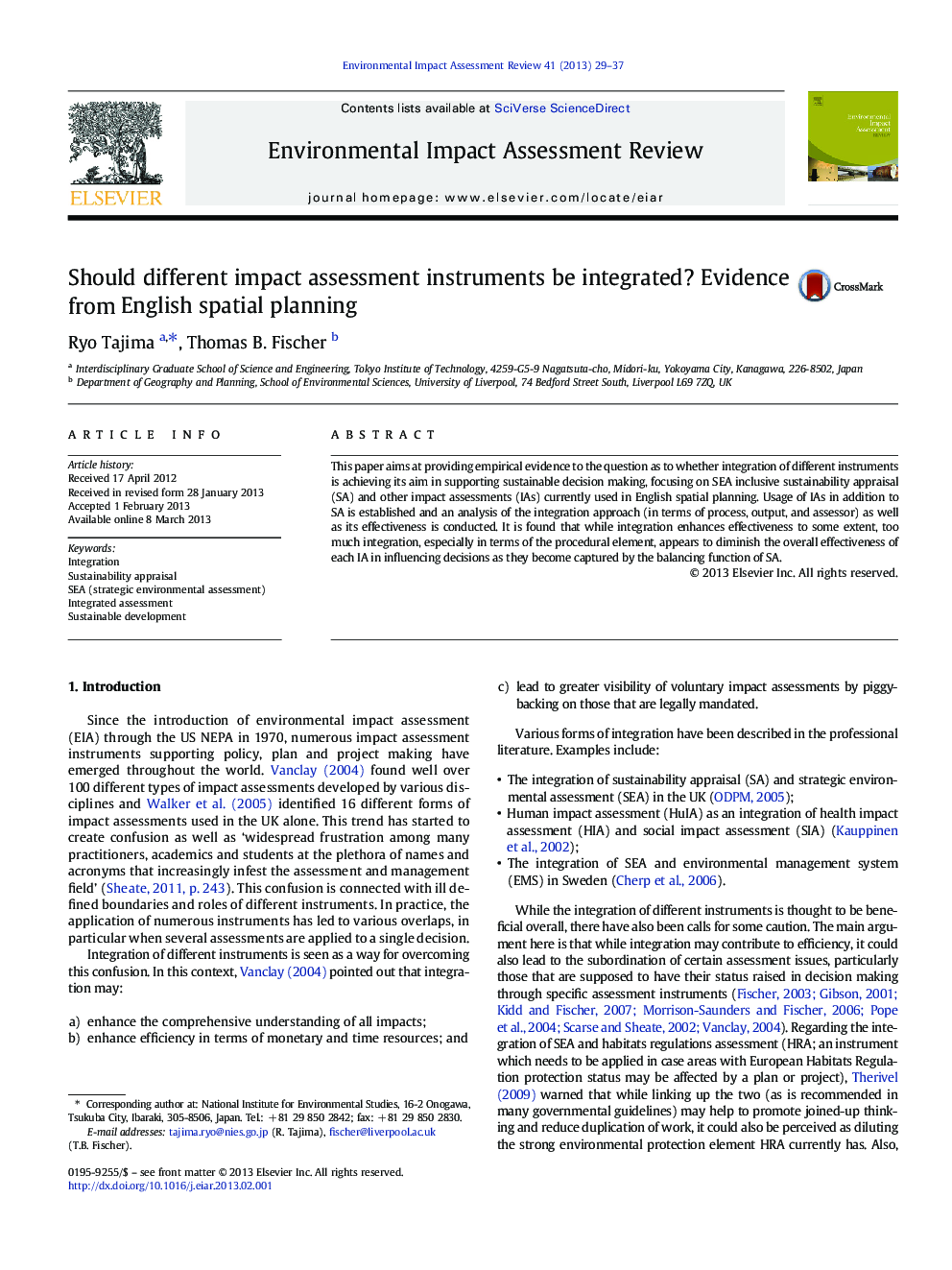 Should different impact assessment instruments be integrated? Evidence from English spatial planning