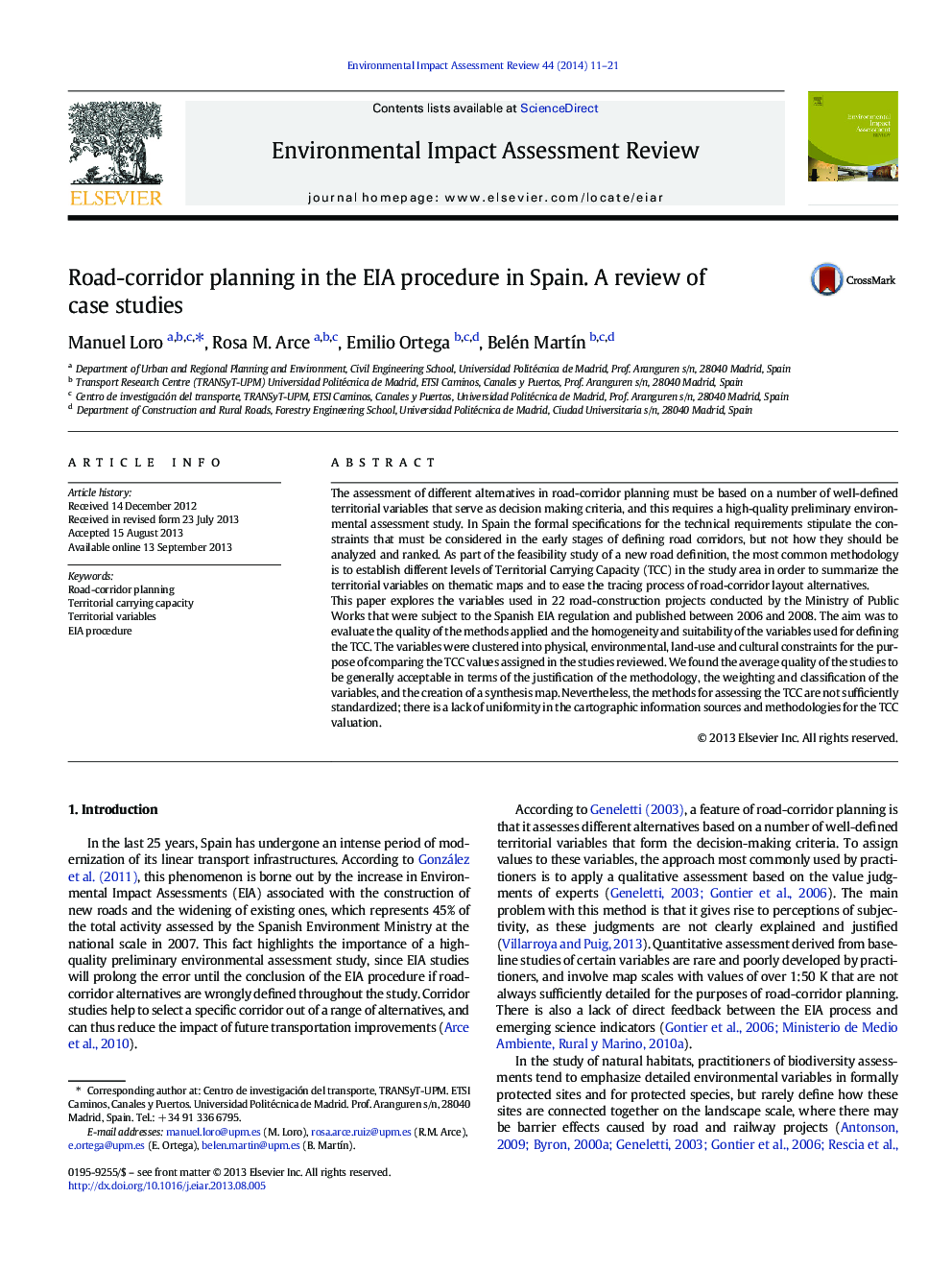 Road-corridor planning in the EIA procedure in Spain. A review of case studies