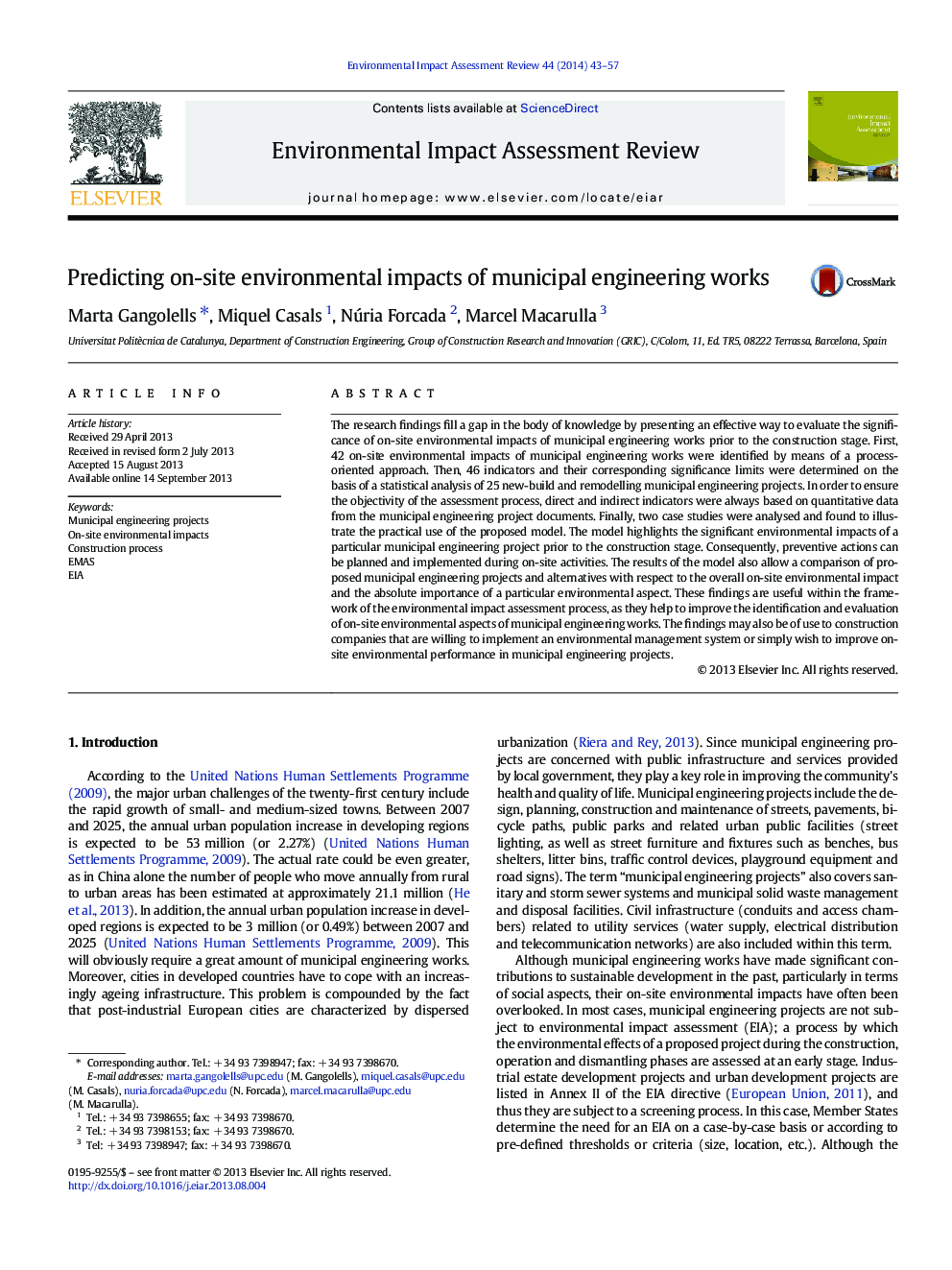 Predicting on-site environmental impacts of municipal engineering works