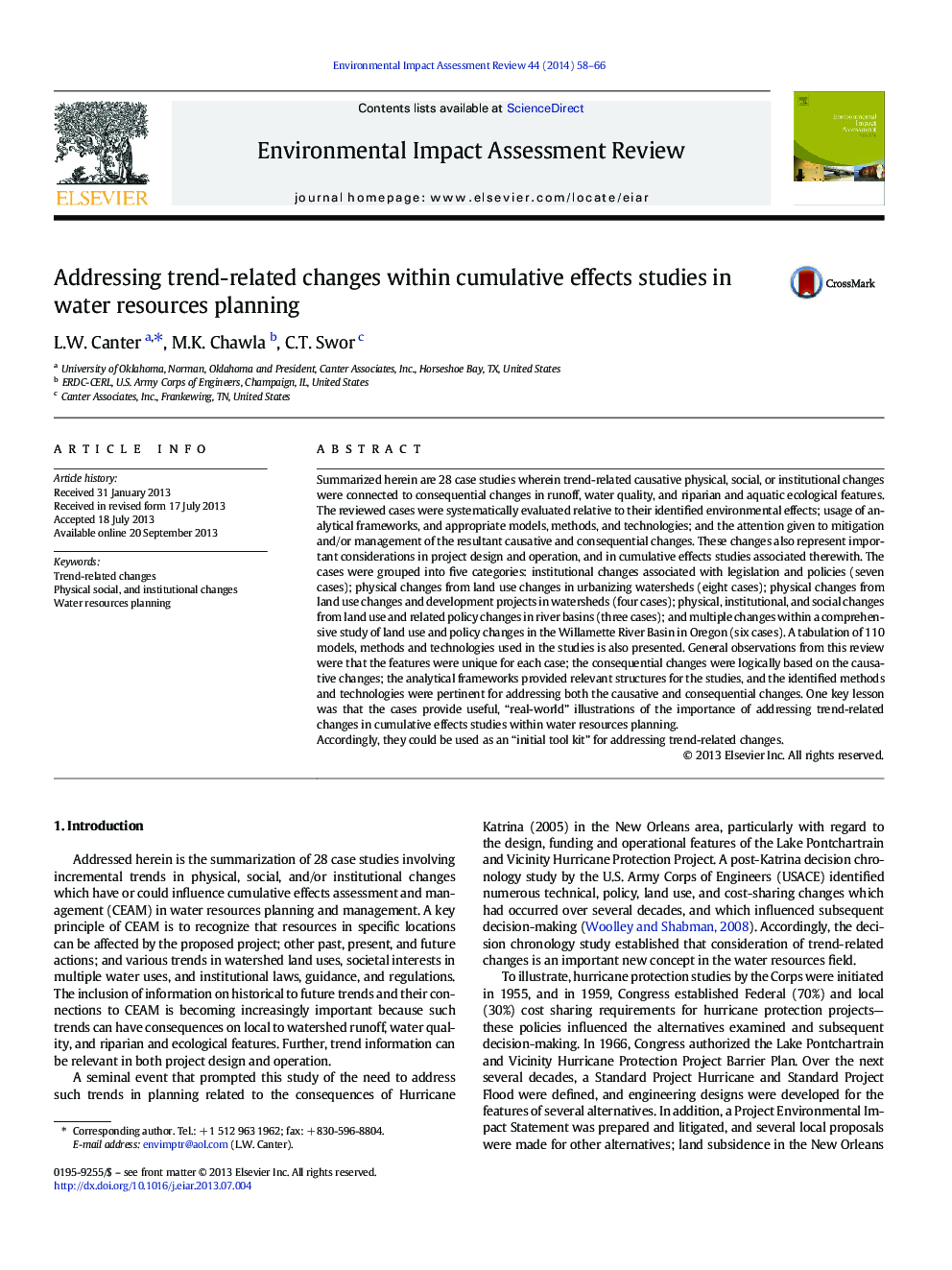 Addressing trend-related changes within cumulative effects studies in water resources planning