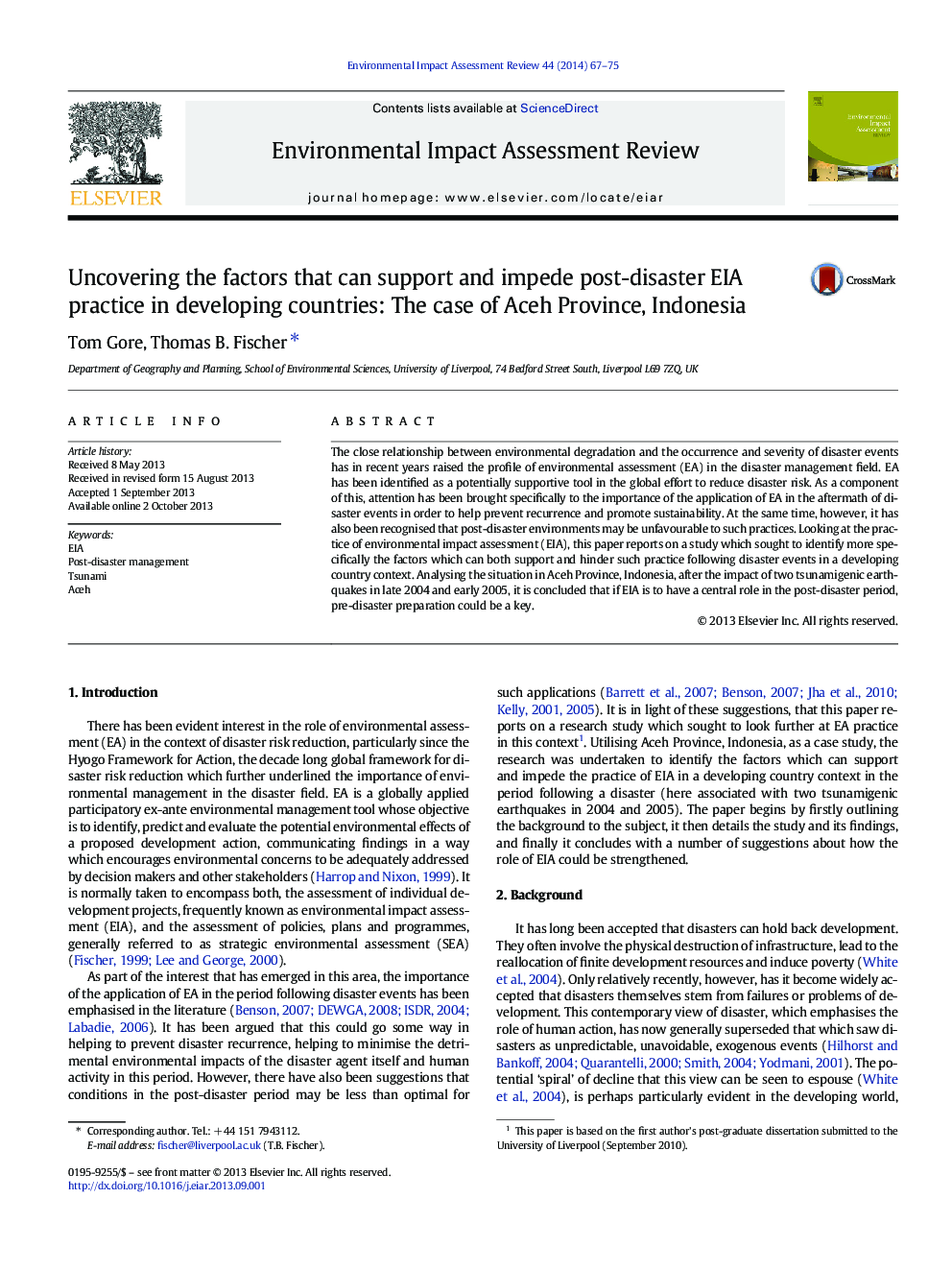 Uncovering the factors that can support and impede post-disaster EIA practice in developing countries: The case of Aceh Province, Indonesia