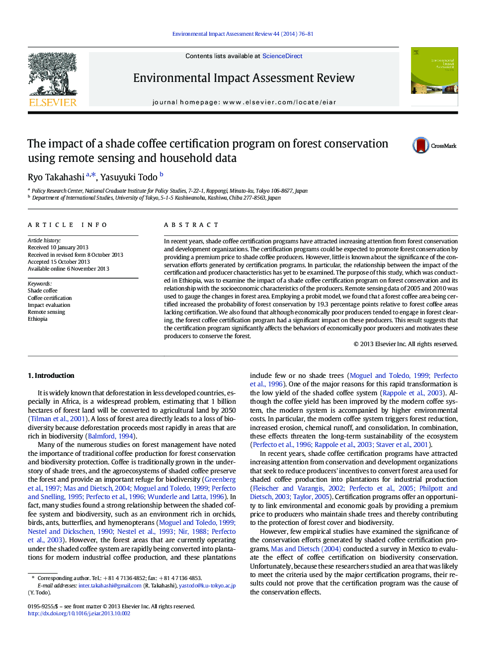 The impact of a shade coffee certification program on forest conservation using remote sensing and household data