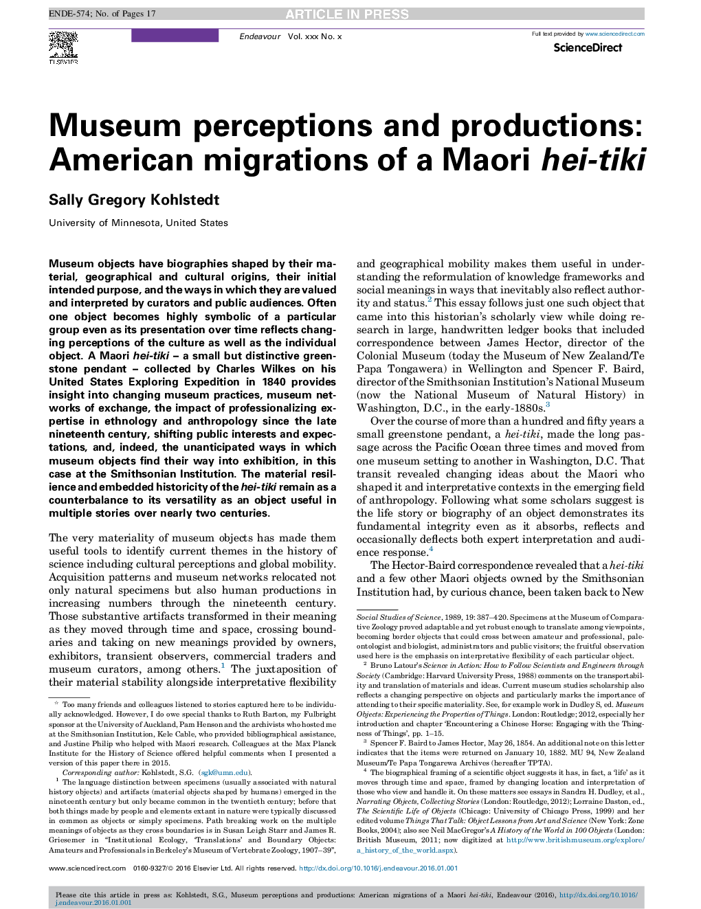 Museum perceptions and productions: American migrations of a Maori hei-tiki