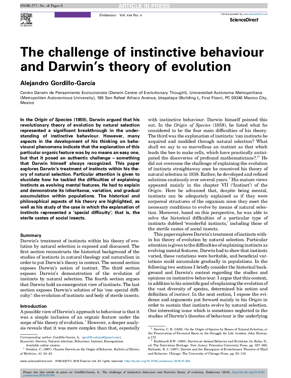 The challenge of instinctive behaviour and Darwin's theory of evolution
