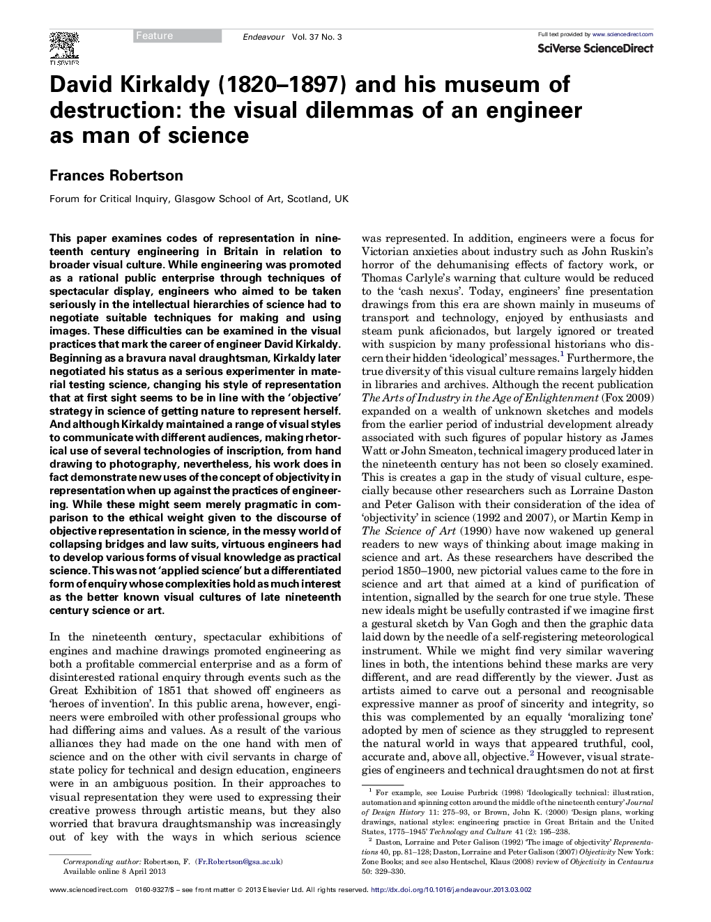 دیوید کرکالدی (1820-1897) و موزه ی تخریبش: معضلات بصری یک مهندس به عنوان علم 