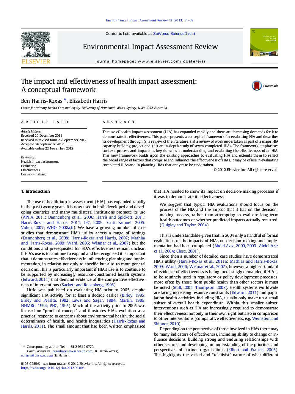 The impact and effectiveness of health impact assessment: A conceptual framework
