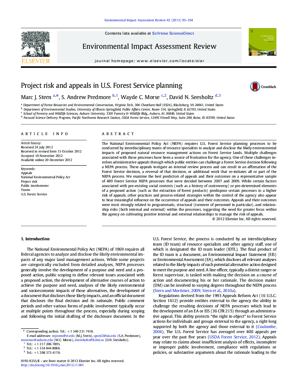 Project risk and appeals in U.S. Forest Service planning