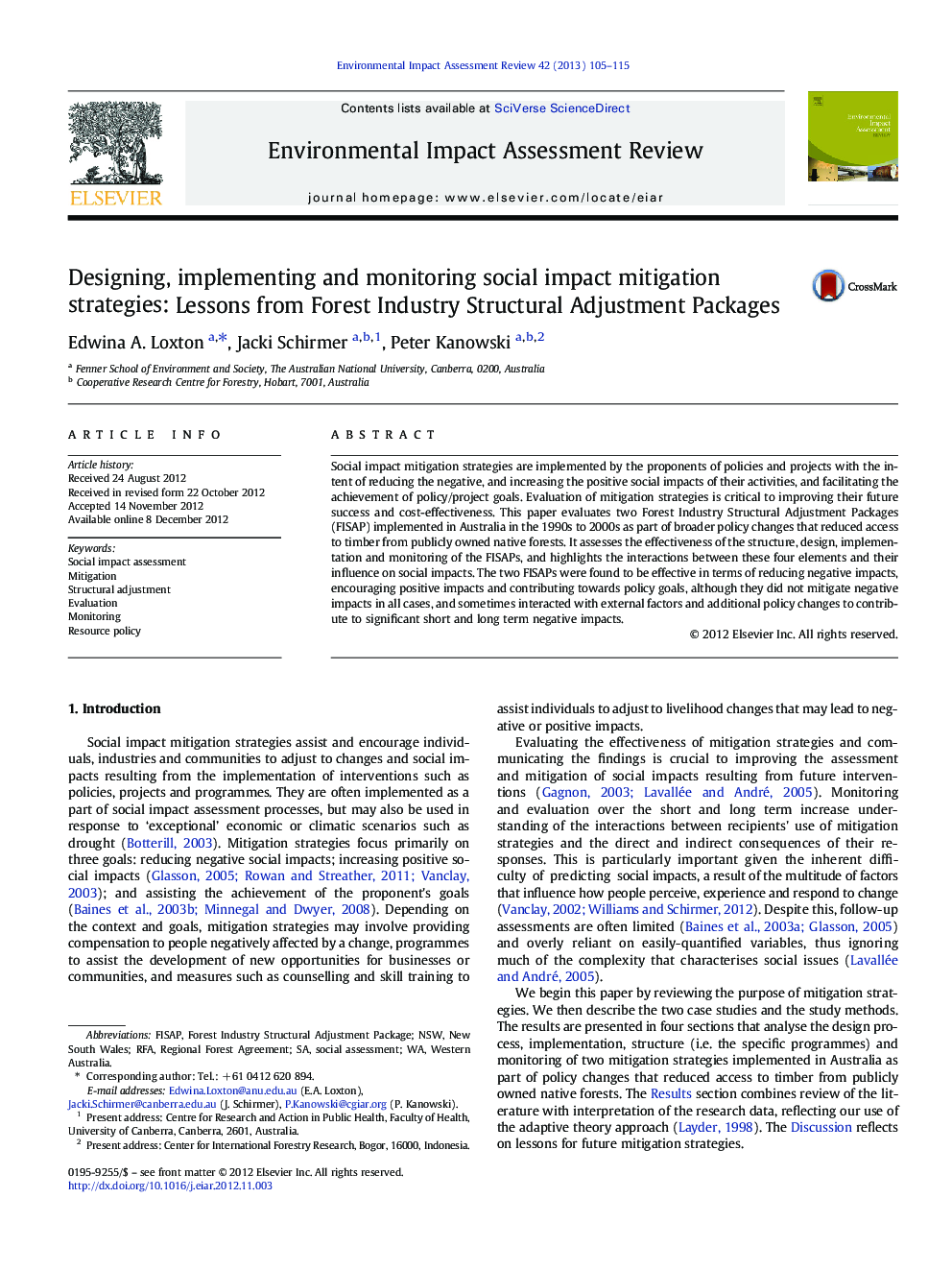 Designing, implementing and monitoring social impact mitigation strategies: Lessons from Forest Industry Structural Adjustment Packages