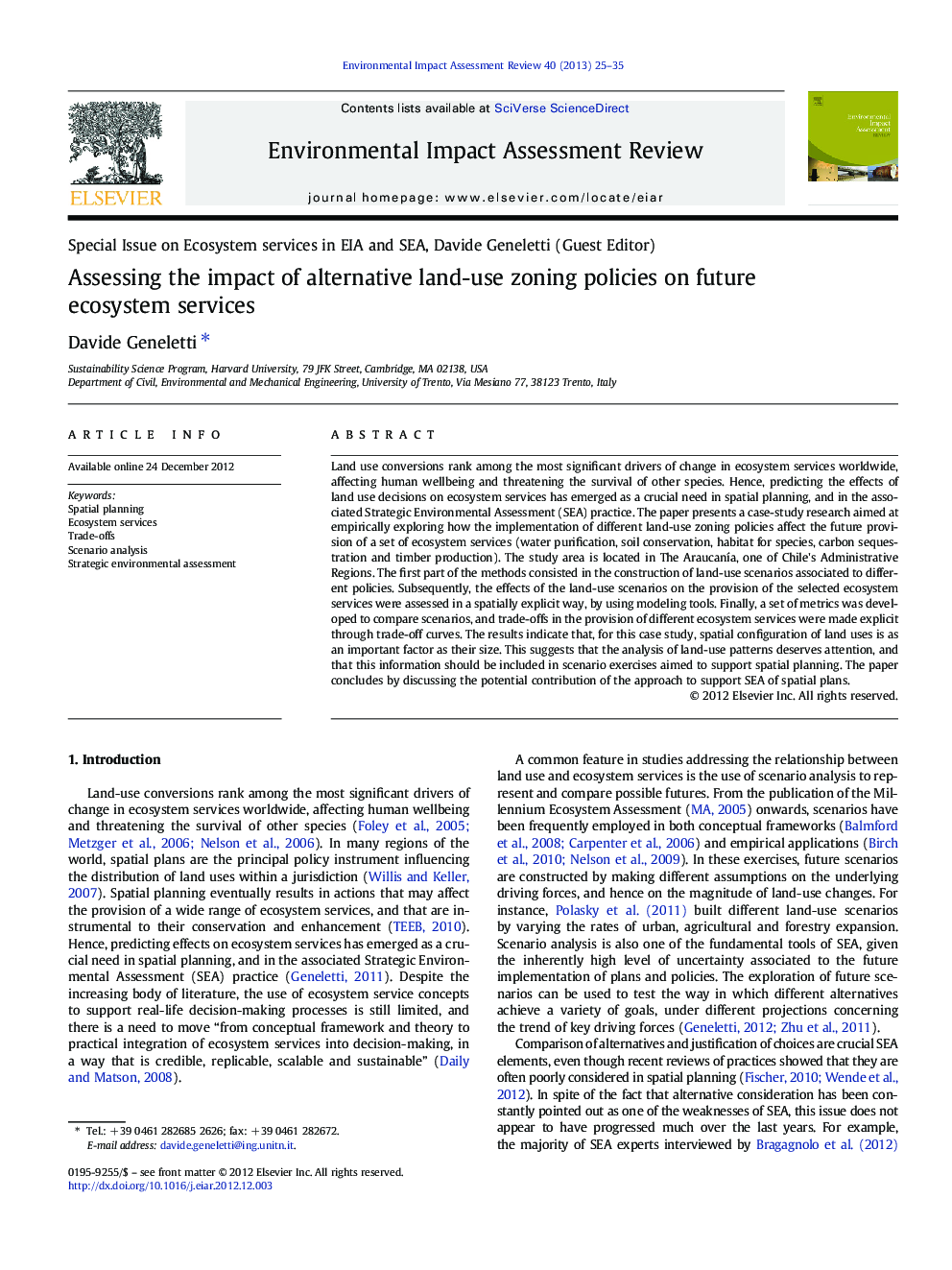 Assessing the impact of alternative land-use zoning policies on future ecosystem services