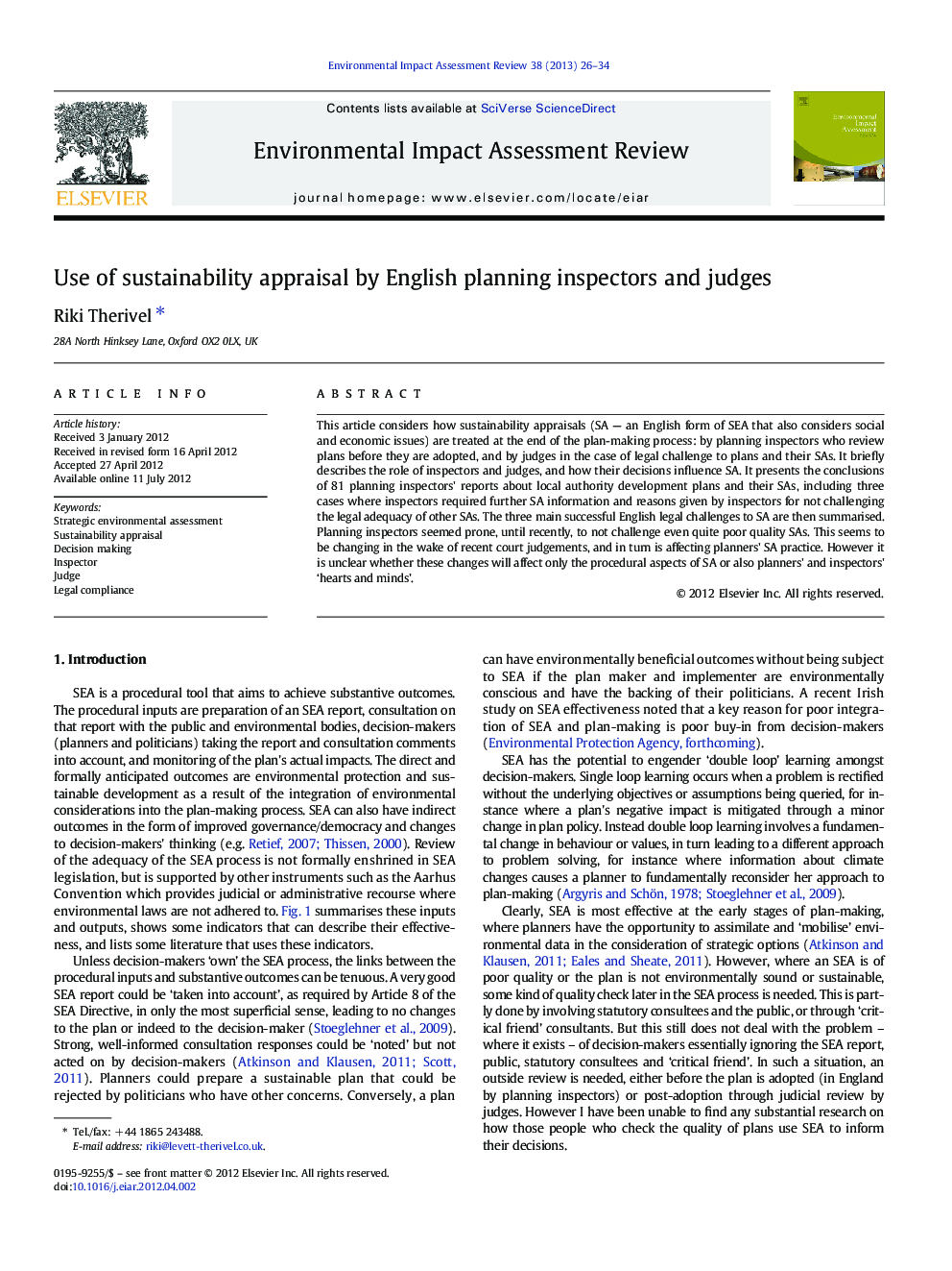 Use of sustainability appraisal by English planning inspectors and judges