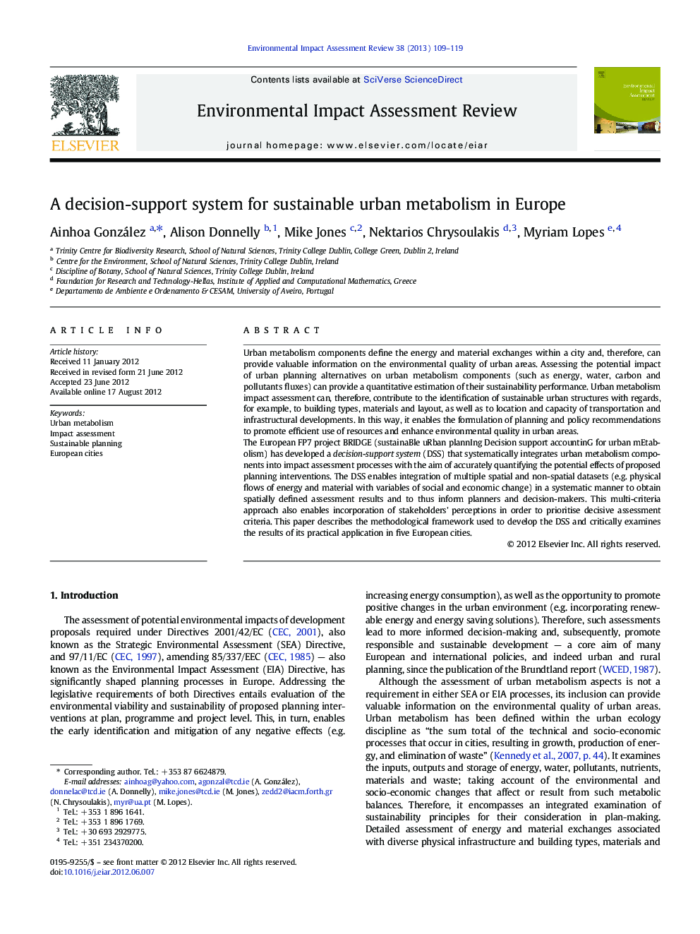 A decision-support system for sustainable urban metabolism in Europe