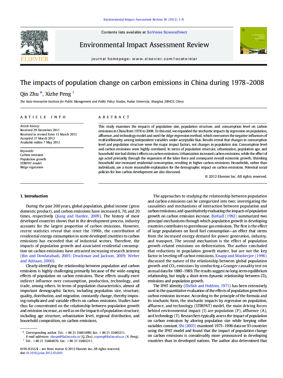 The impacts of population change on carbon emissions in China during 1978–2008