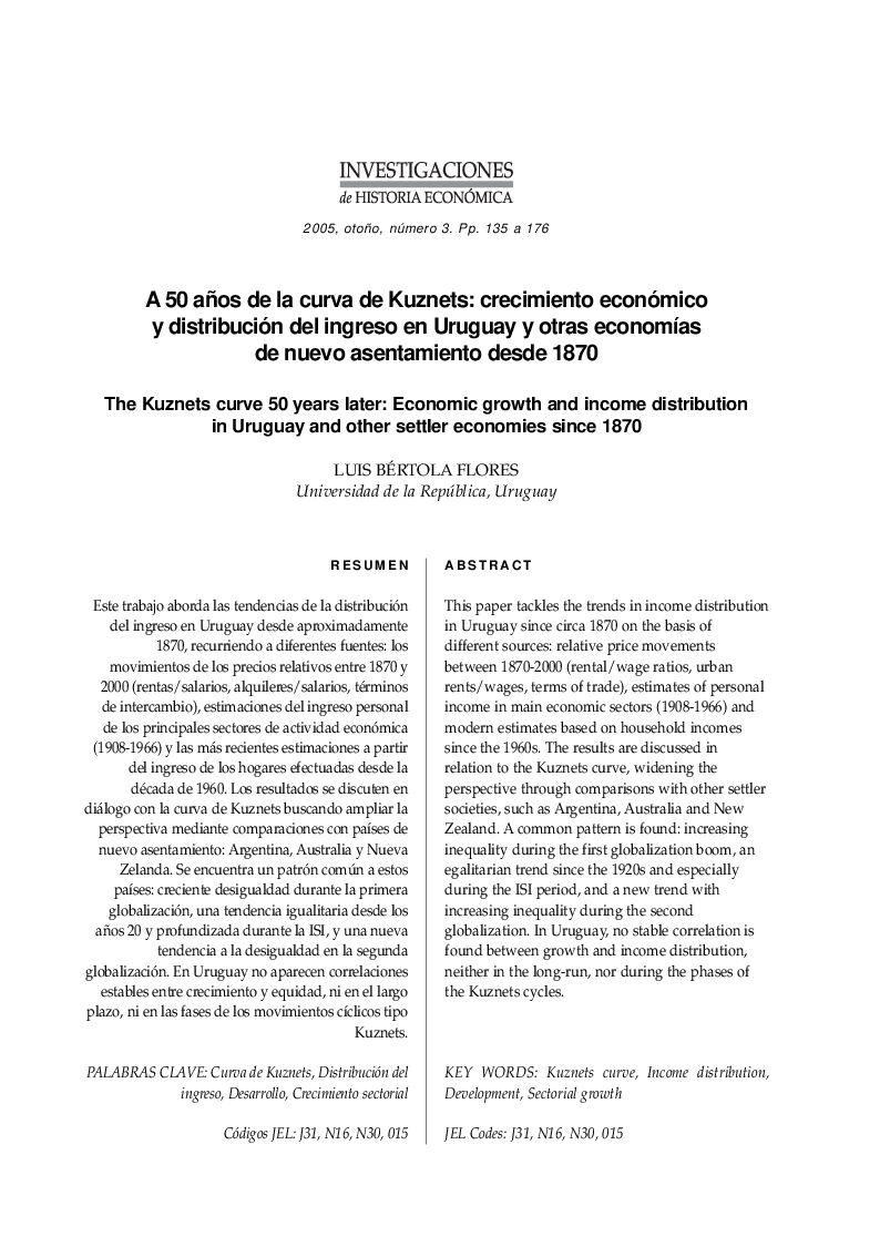 A50 años de la curva de Kuznets: Crecimiento económico y distribución del ingreso en Uruguay y otras economÃ­as de nuevo asentamiento desde 1870