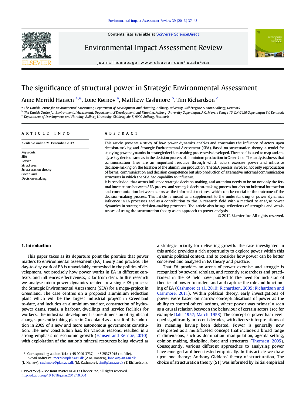 The significance of structural power in Strategic Environmental Assessment