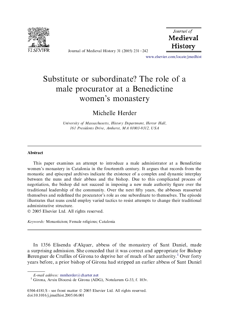 Substitute or subordinate? The role of a male procurator at a Benedictine women's monastery