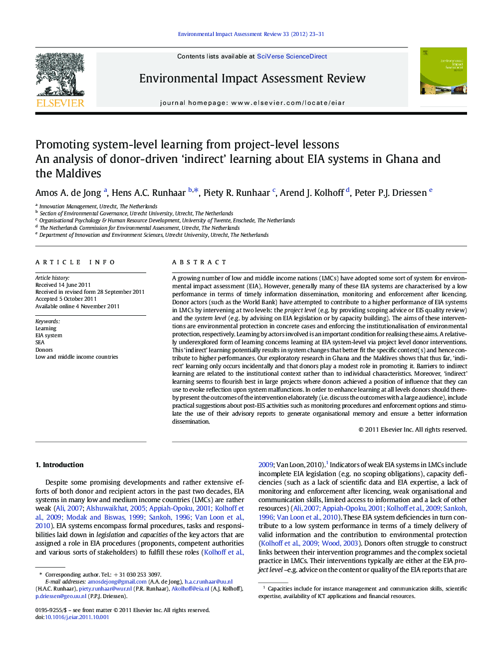 Promoting system-level learning from project-level lessons: An analysis of donor-driven ‘indirect’ learning about EIA systems in Ghana and the Maldives