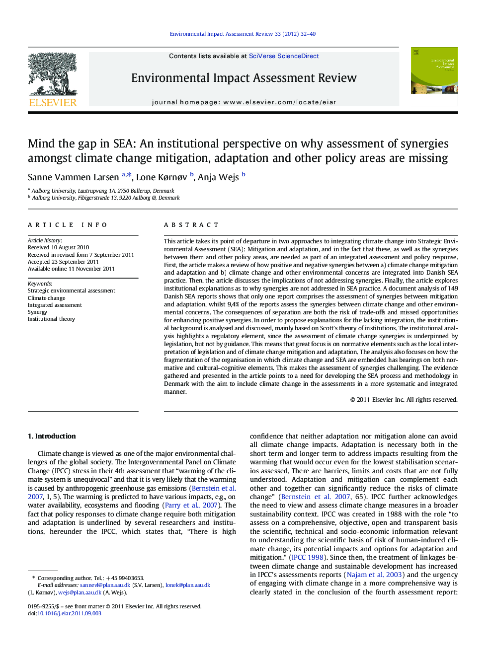 Mind the gap in SEA: An institutional perspective on why assessment of synergies amongst climate change mitigation, adaptation and other policy areas are missing